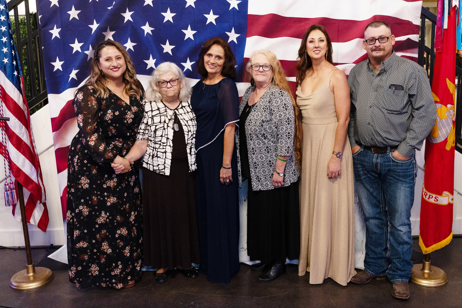 Gold Star families honored by the Mineola Marine Corps League detachment at its annual ball were, from left, Christine Thomas, sister of fallen SSG Richard Vazquez, Army Spec. Forces 7th Group; Brenda Powell, mother of fallen SGT Josh Powell, US Army 793 Police Battalion; Teresa Melton, mother of SSG Vazquez; Kathy Lutonsky, family member of SGT Powell; Misty Goldman, sister of fallen Cpl Shane Goldman; and Jeremy Powell, brother of SGT Powell.